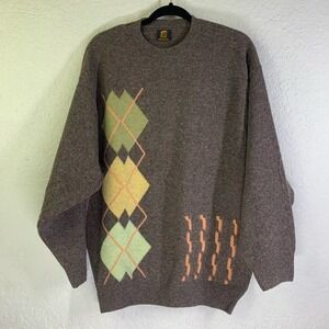 RANGIN Crew Neck Argyle‎ Marled Faux Elbow Patches Graphic 80's Style Sweater